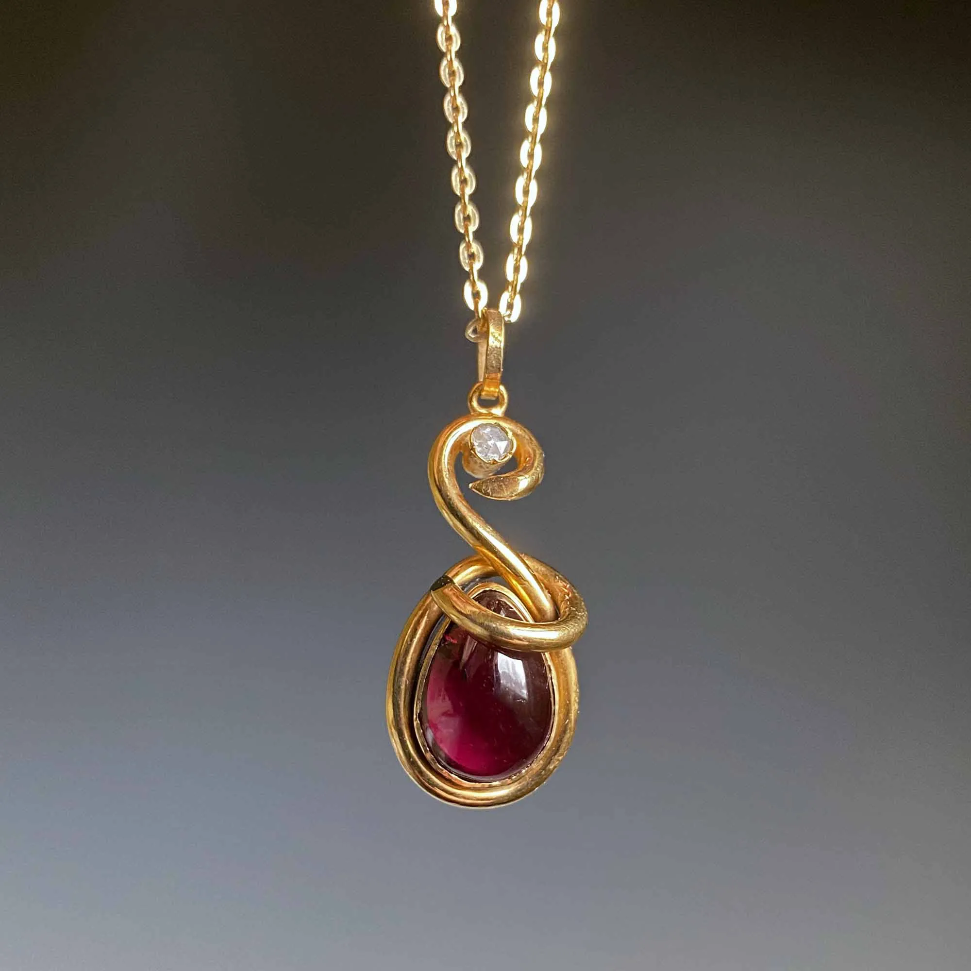 15K Gold Garnet Diamond Locket Snake Pendant Victorian