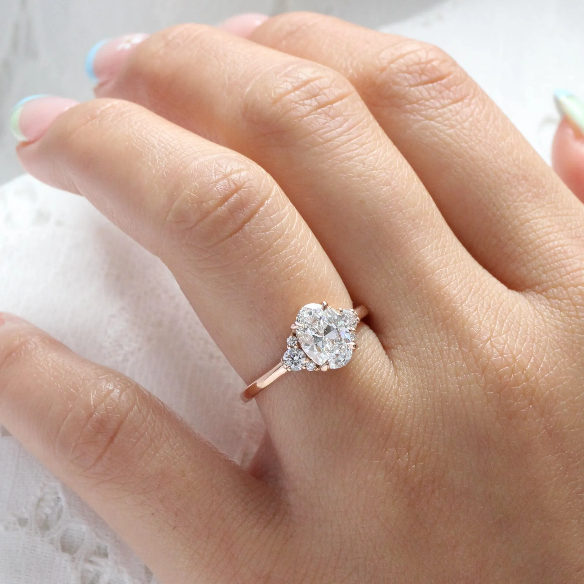 1.78 Ct. Oval Lab Diamond Ring w/ Natural Diamonds in Flora 3 Stone Ring