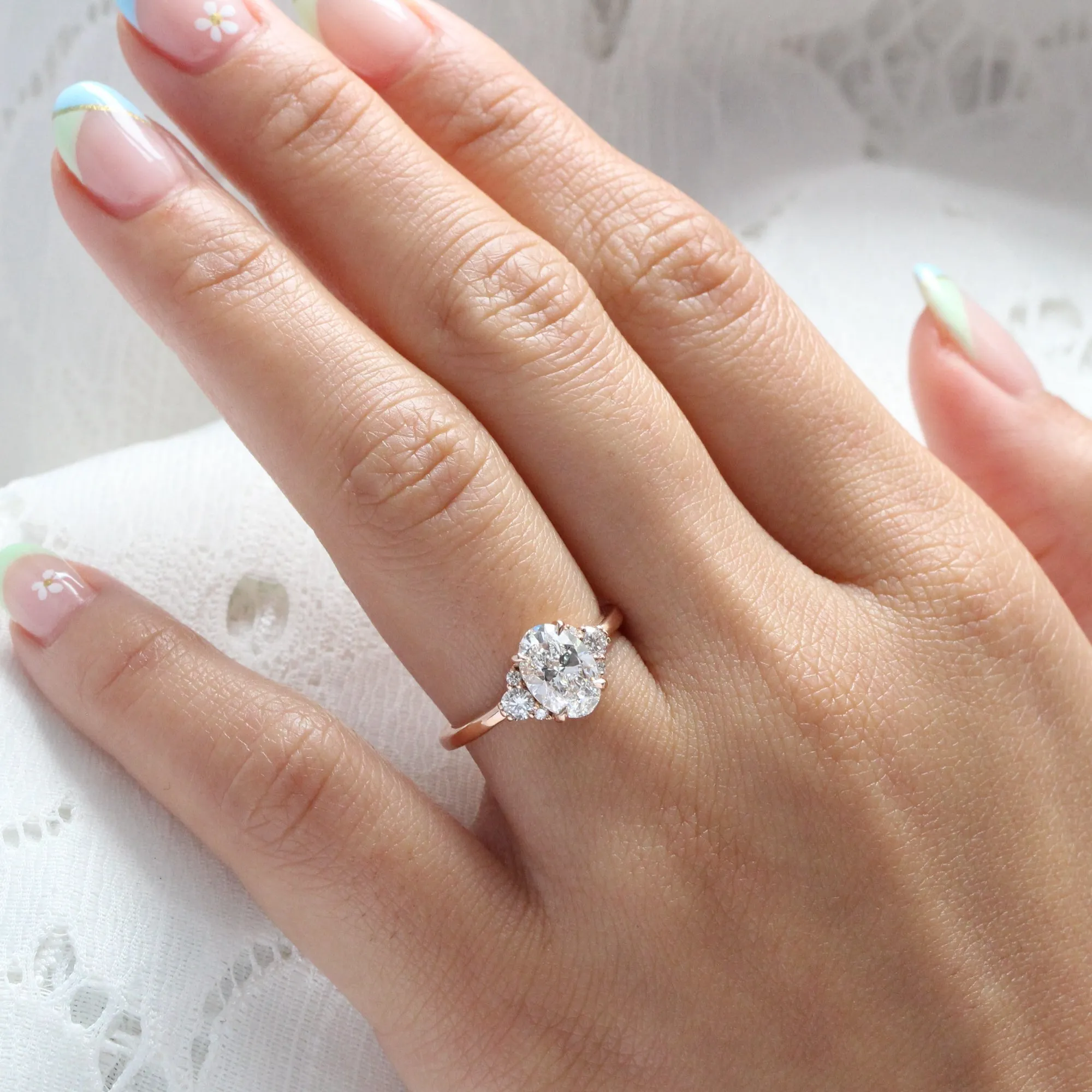 1.78 Ct. Oval Lab Diamond Ring w/ Natural Diamonds in Flora 3 Stone Ring
