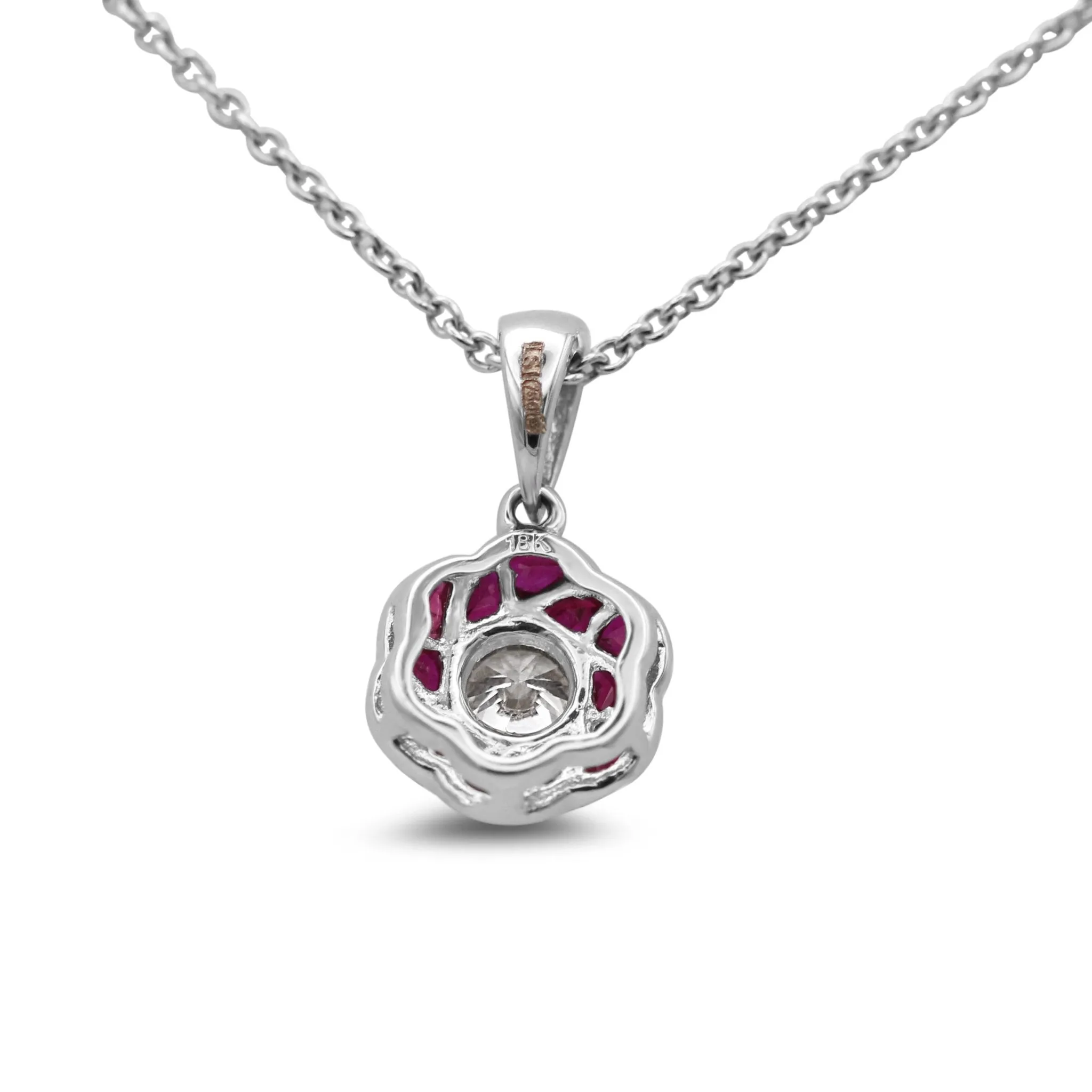18ct White Gold Diamond & Ruby Swirl Pendant Necklace 17"