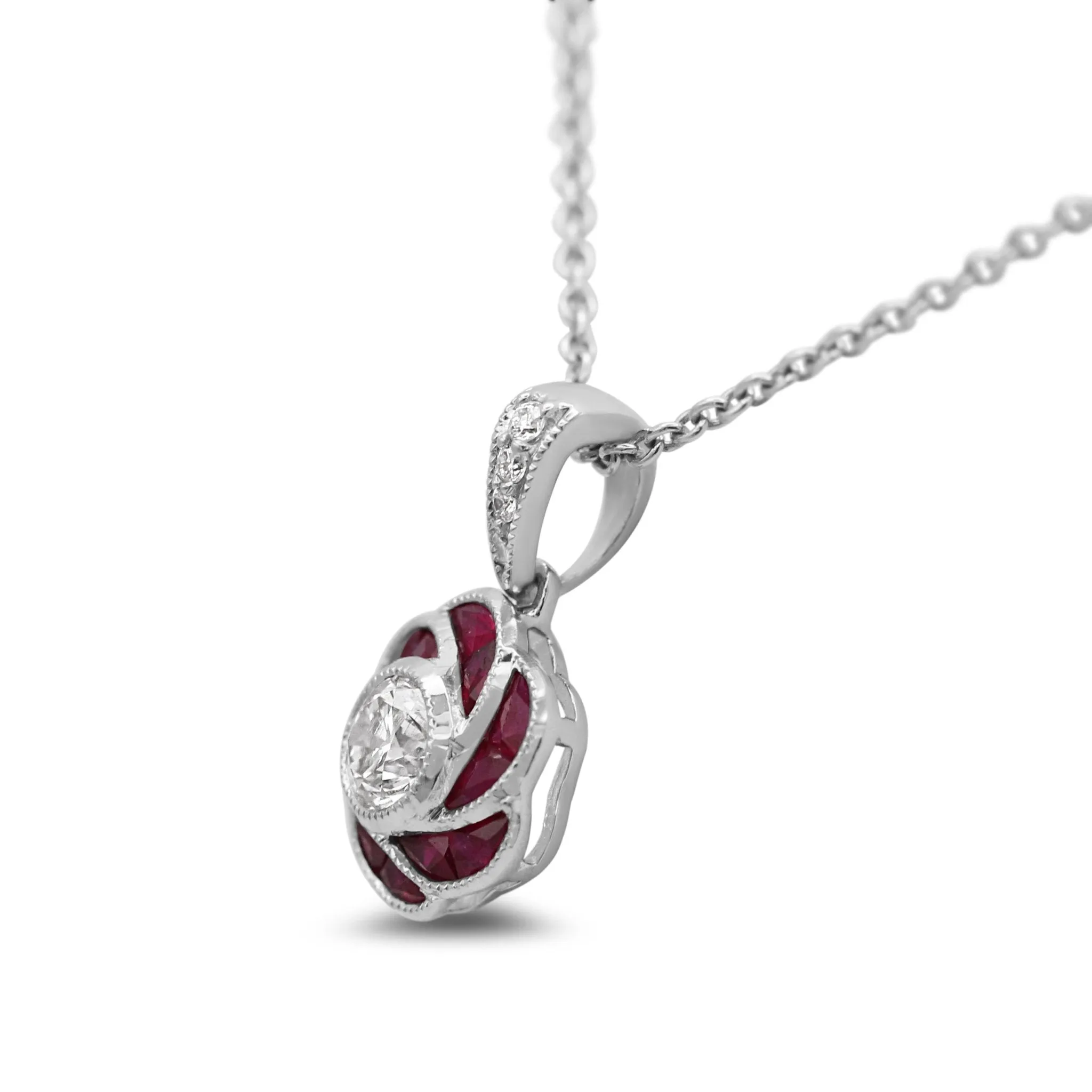 18ct White Gold Diamond & Ruby Swirl Pendant Necklace 17"