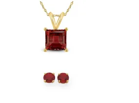 18K Yellow Gold 1/2ct Garnet Square 18 Inch Necklace and Round Earrings Set Plated