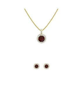 18K Yellow Gold 1ct Halo Garnet Round 18 Inch Necklace and Halo Earrings Set Plated