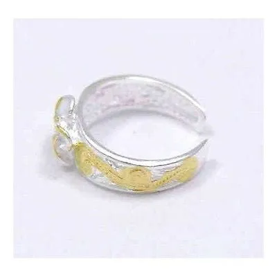 2 TONE YELLOW 925 SILVER 8MM HAWAIIAN PLUMERIA FLOWER CUT OUT SCROLL TOE RING CZ