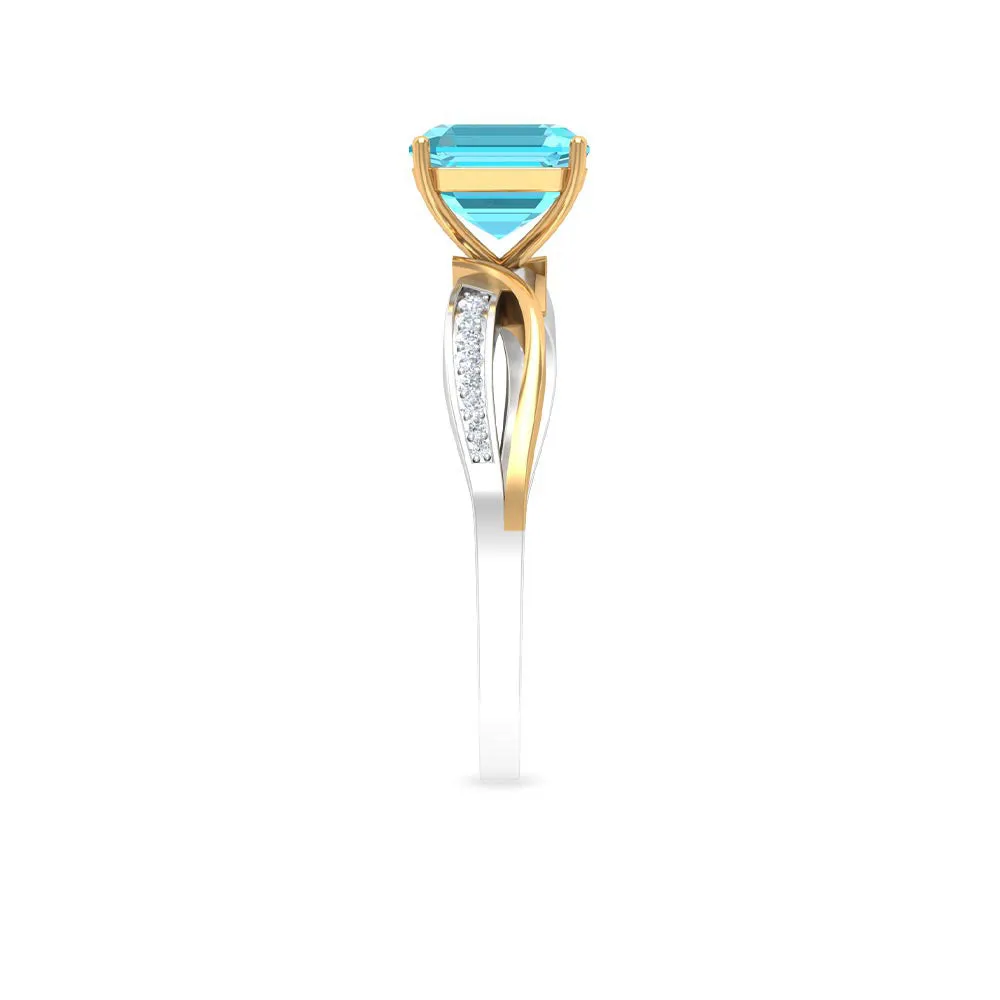 2.25 CT Two Tone Asscher Cut Swiss Blue Topaz Solitaire with Diamond Side Stone Ring