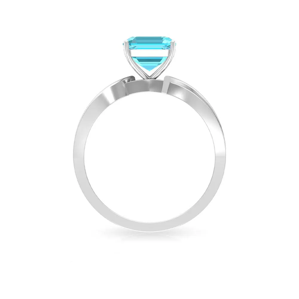 2.25 CT Two Tone Asscher Cut Swiss Blue Topaz Solitaire with Diamond Side Stone Ring