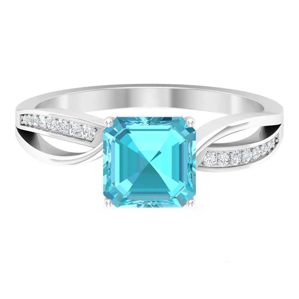 2.25 CT Two Tone Asscher Cut Swiss Blue Topaz Solitaire with Diamond Side Stone Ring