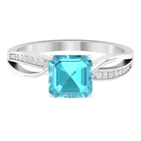 2.25 CT Two Tone Asscher Cut Swiss Blue Topaz Solitaire with Diamond Side Stone Ring