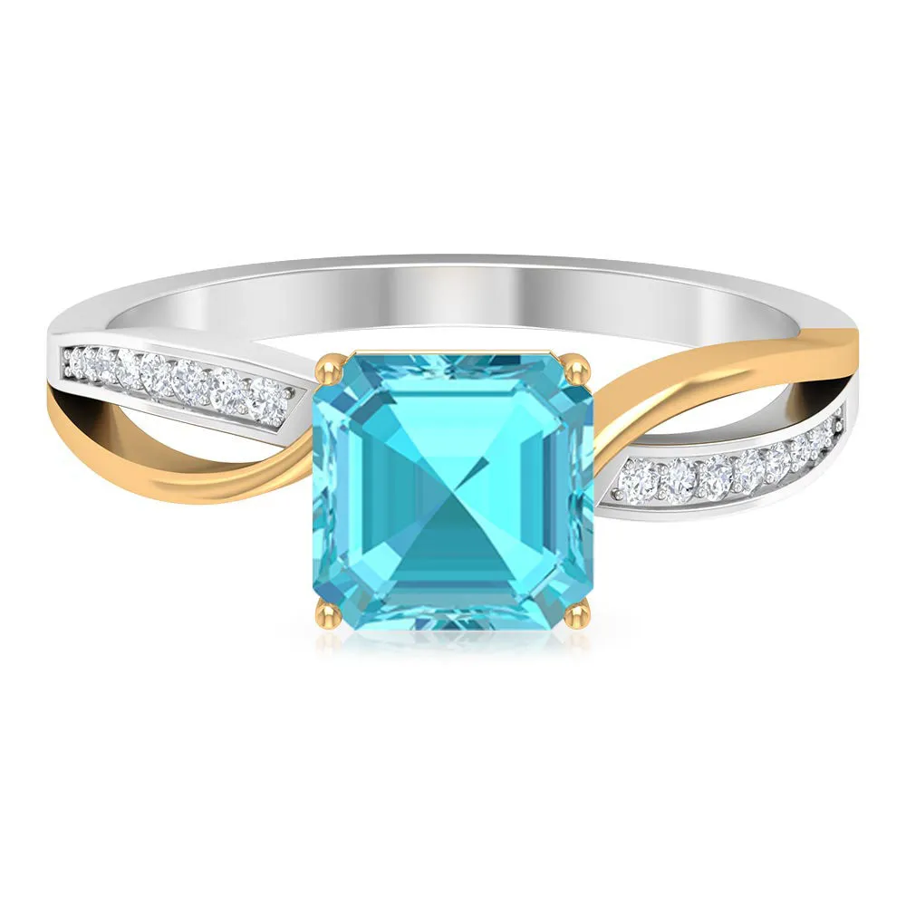2.25 CT Two Tone Asscher Cut Swiss Blue Topaz Solitaire with Diamond Side Stone Ring