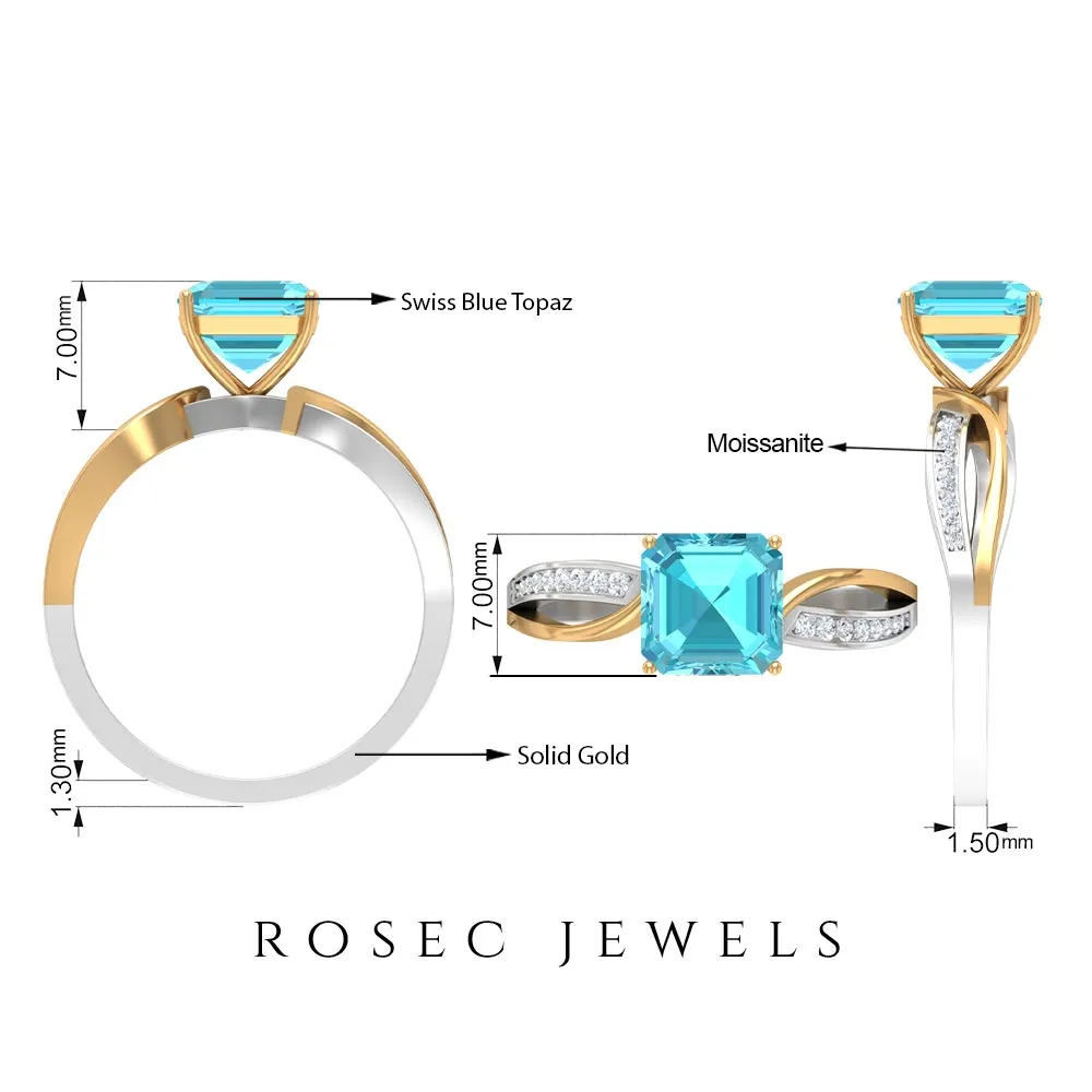 2.25 CT Two Tone Asscher Cut Swiss Blue Topaz Solitaire with Diamond Side Stone Ring