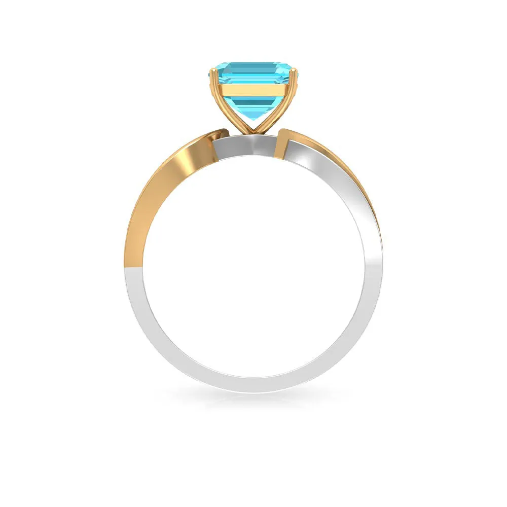 2.25 CT Two Tone Asscher Cut Swiss Blue Topaz Solitaire with Diamond Side Stone Ring