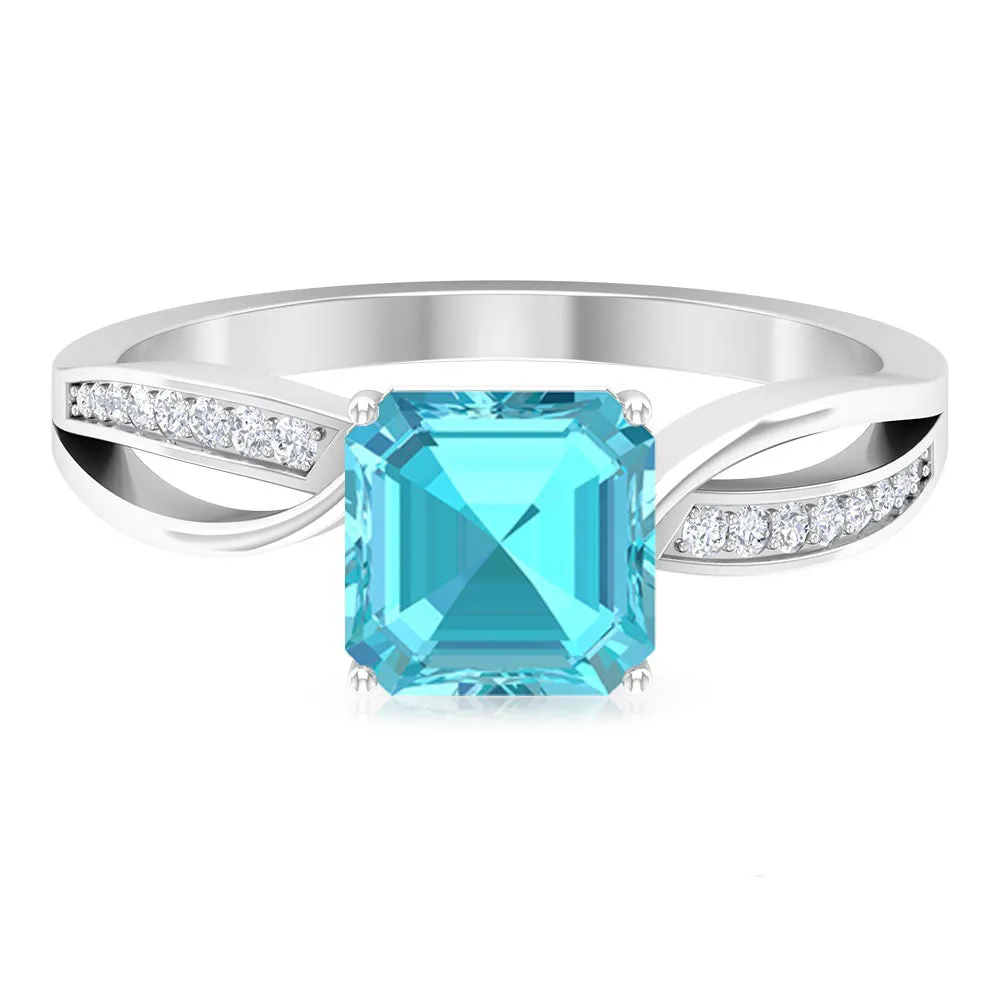 2.25 CT Two Tone Asscher Cut Swiss Blue Topaz Solitaire with Diamond Side Stone Ring