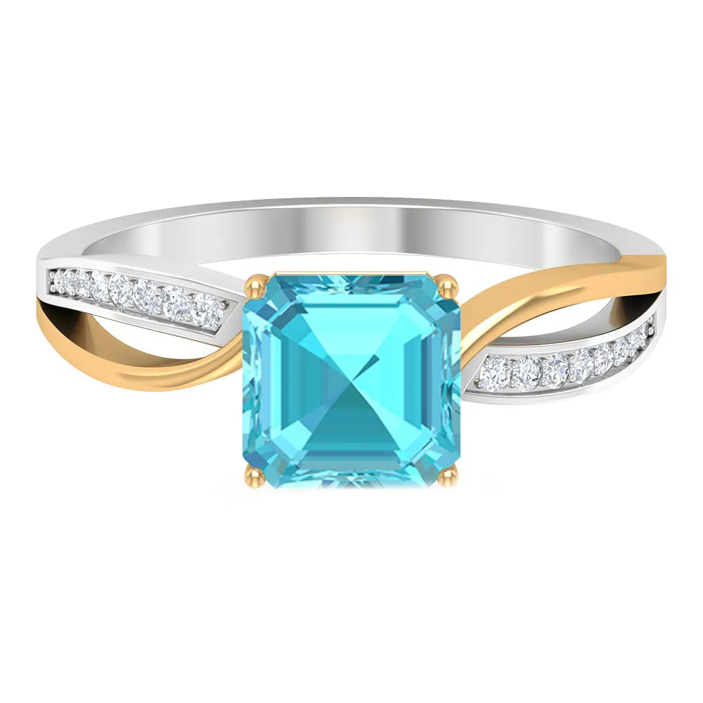2.25 CT Two Tone Asscher Cut Swiss Blue Topaz Solitaire with Diamond Side Stone Ring