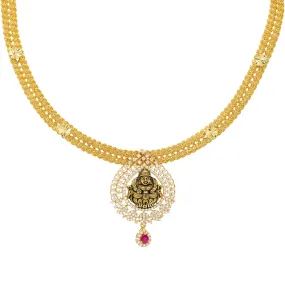 22K Antique Yellow Gold Temple Choker Necklace w/ CZ & Ruby (24.4gm)