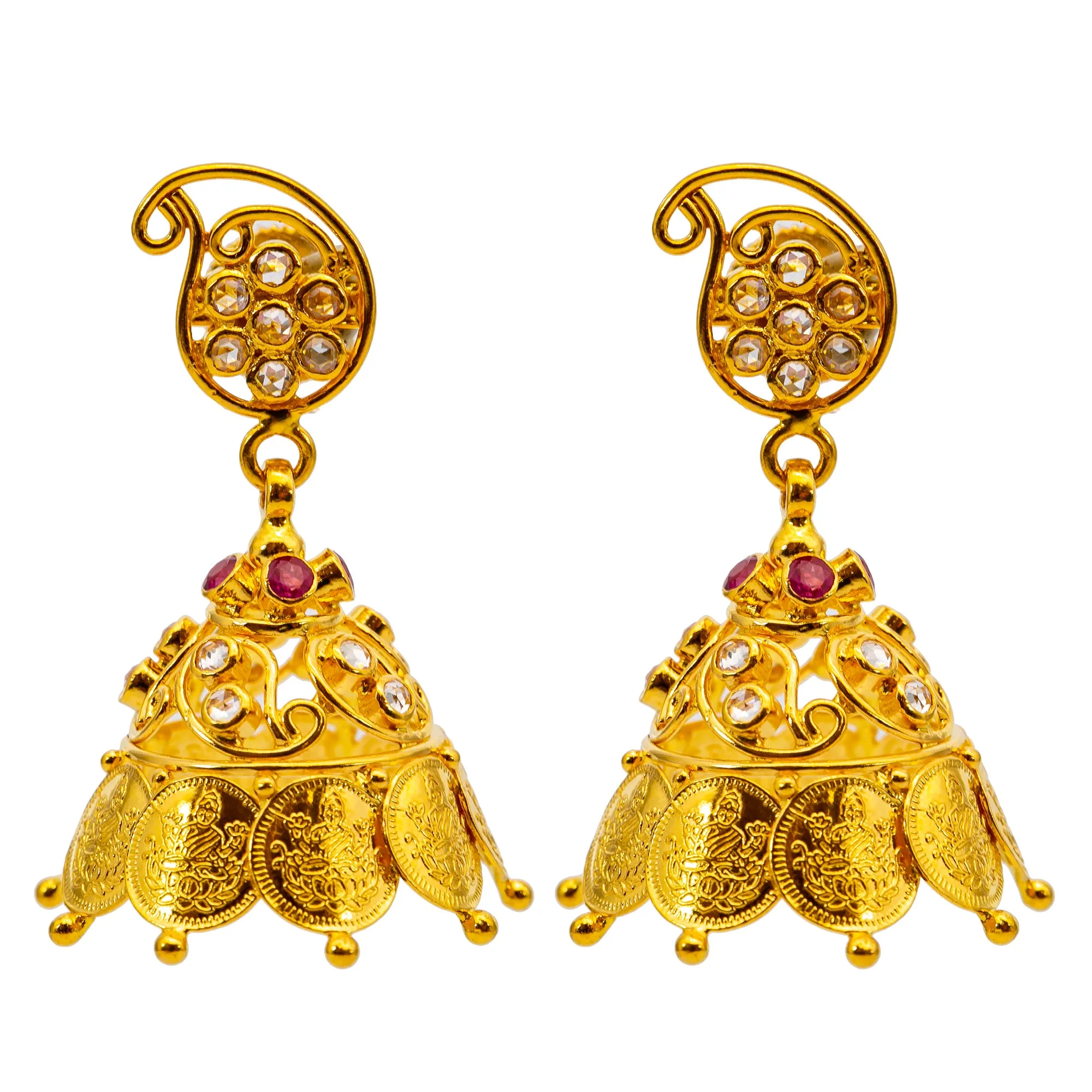 22K Gold Kasu & Jhumka Earring Set w. Gems & CZ Stones (68.4 grams)