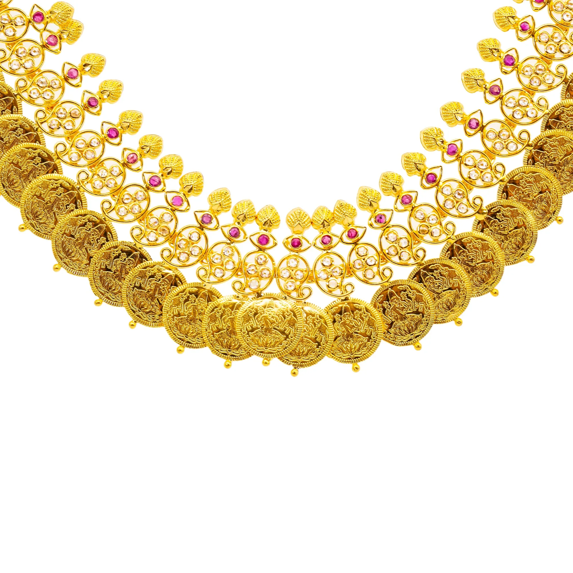 22K Gold Kasu & Jhumka Earring Set w. Gems & CZ Stones (68.4 grams)