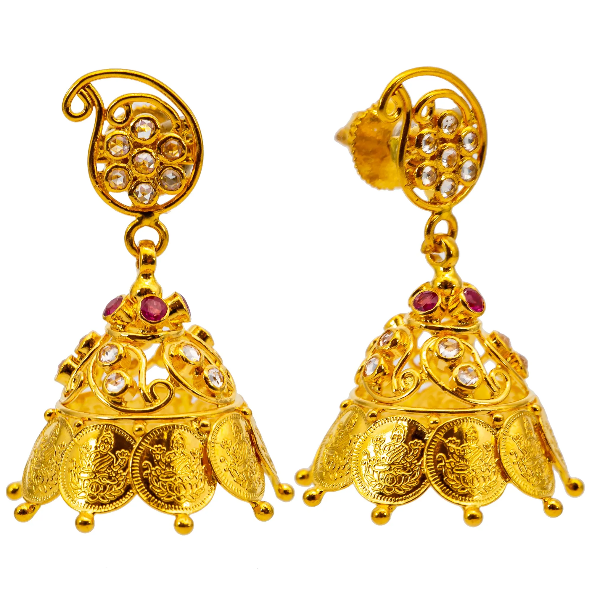 22K Gold Kasu & Jhumka Earring Set w. Gems & CZ Stones (68.4 grams)