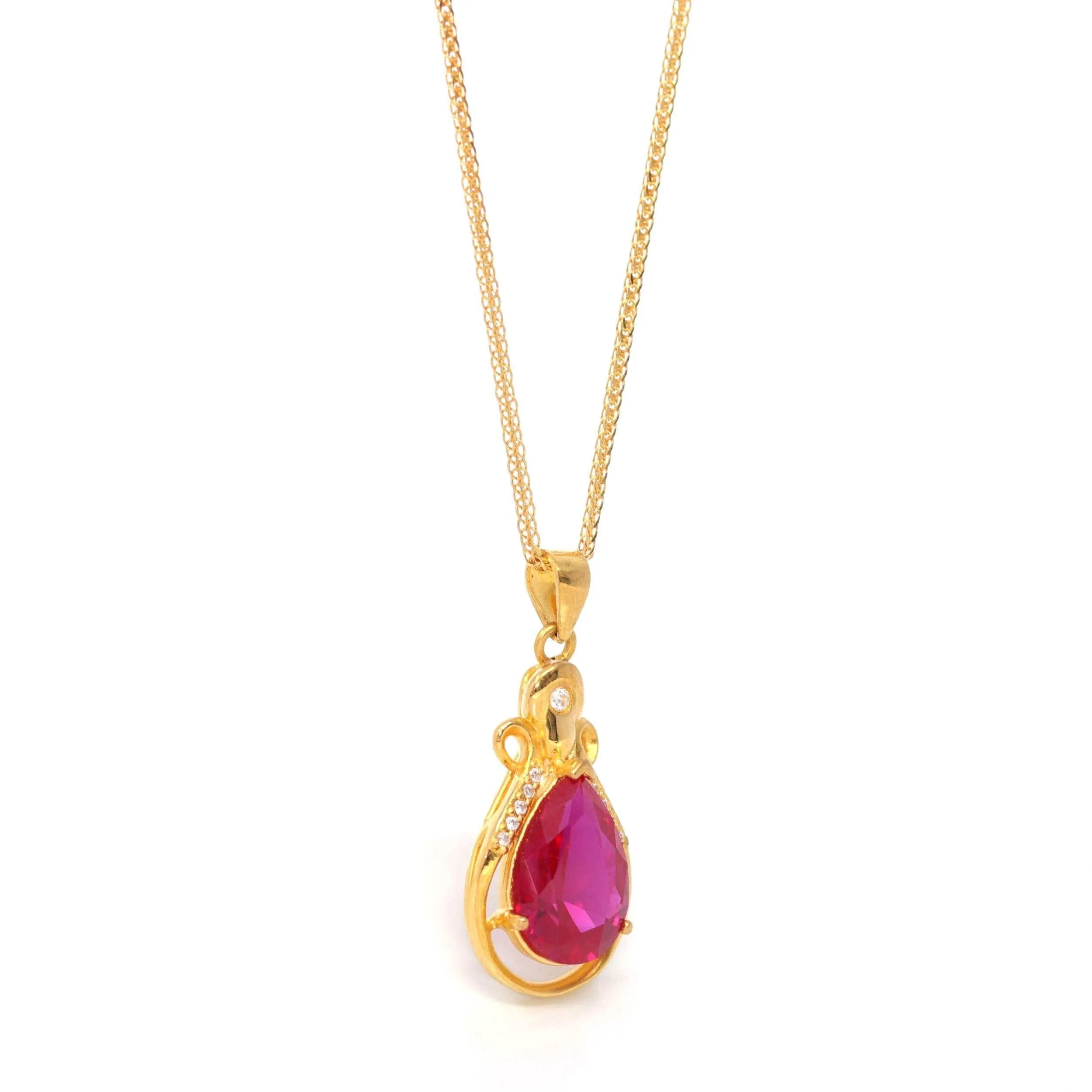 24k Yellow Gold Lab Created Ruby & CZ Pendant Necklace