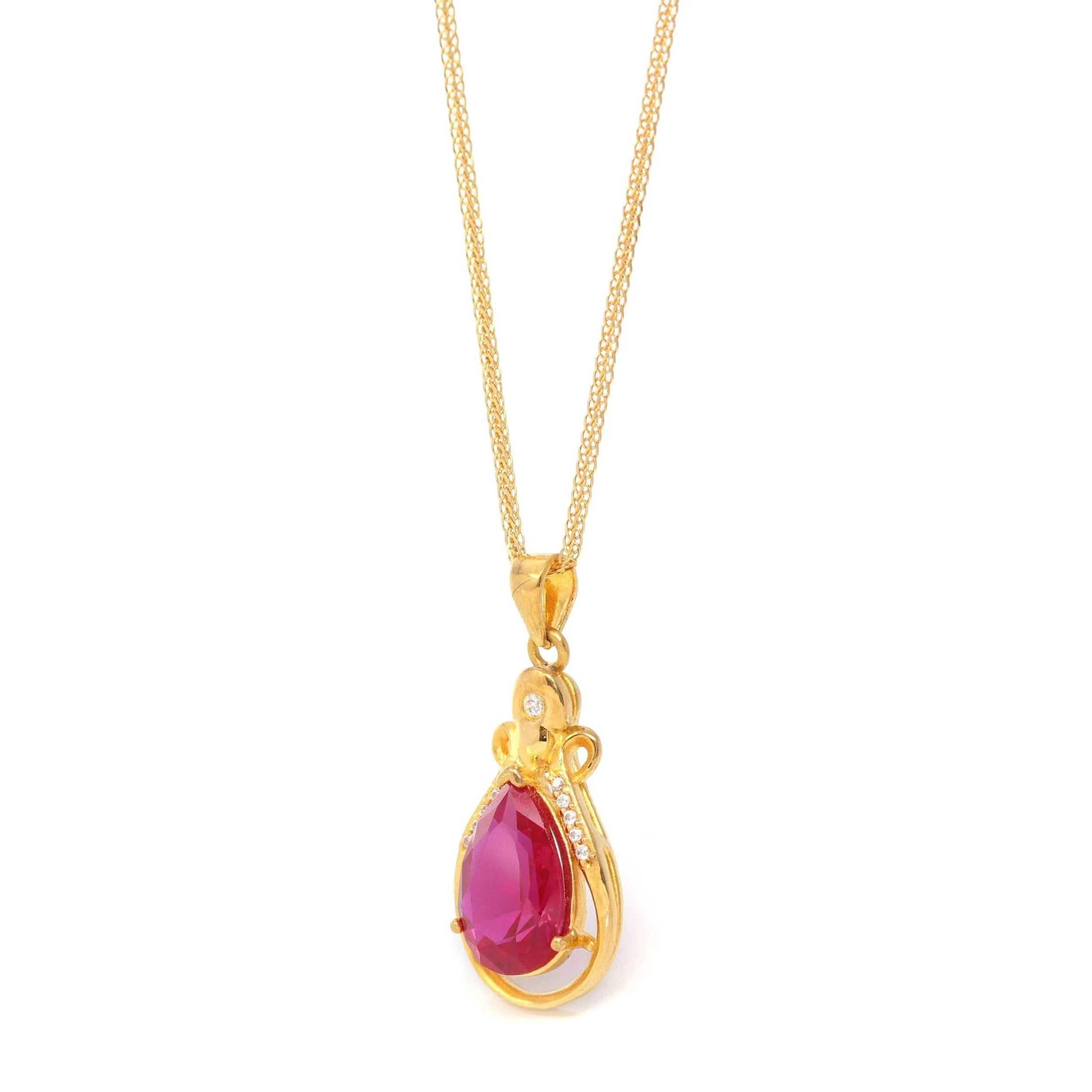 24k Yellow Gold Lab Created Ruby & CZ Pendant Necklace