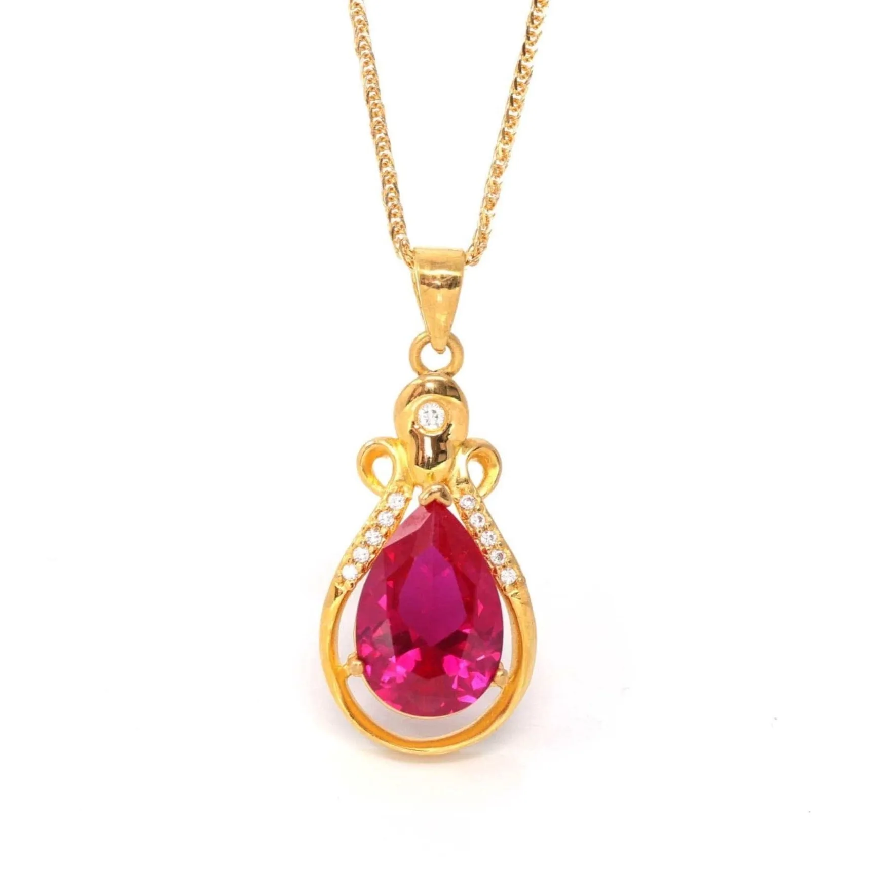 24k Yellow Gold Lab Created Ruby & CZ Pendant Necklace