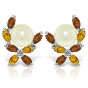 3.25 Carat 14K Solid White Gold Stud Earrings Garnet, Citrine Pearl