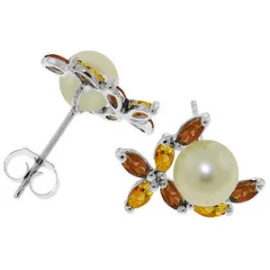 3.25 Carat 14K Solid White Gold Stud Earrings Garnet, Citrine Pearl