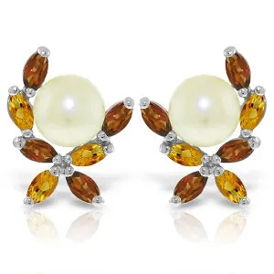 3.25 Carat 14K Solid White Gold Stud Earrings Garnet, Citrine Pearl