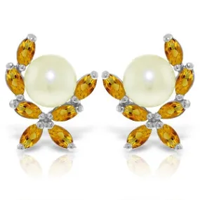 3.25 Carat 14K Solid White Gold Stud Earrings Natural Citrine Pearl