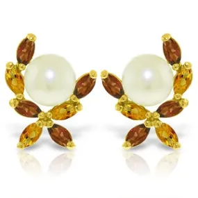 3.25 Carat 14K Solid Yellow Gold Stud Earrings Garnet, Citrine Pearl