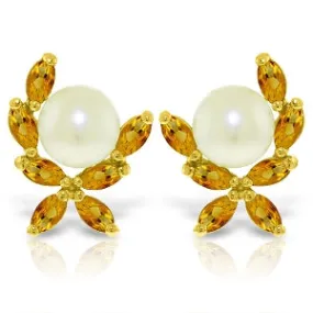 3.25 Carat 14K Solid Yellow Gold Stud Earrings Natural Citrine Pearl