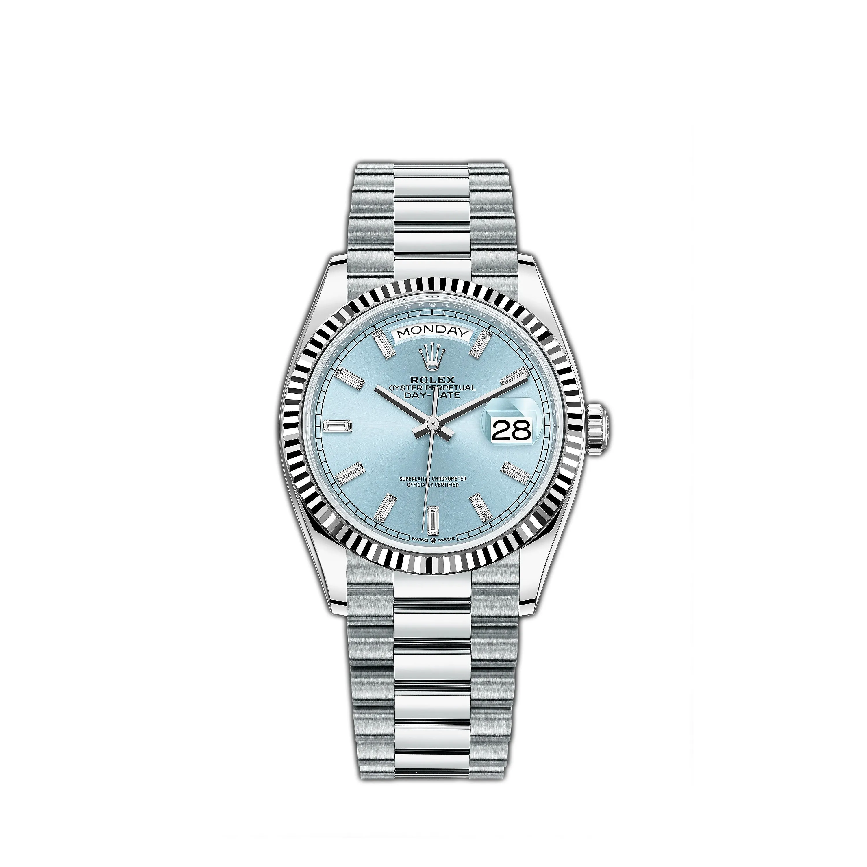 36mm Platinum President Fluted Bezel Ice-Blue Diamond Dial