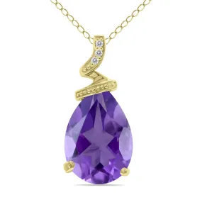 5 Carat Pear Shaped Amethyst & Diamond Pendant In 10K Yellow Gold