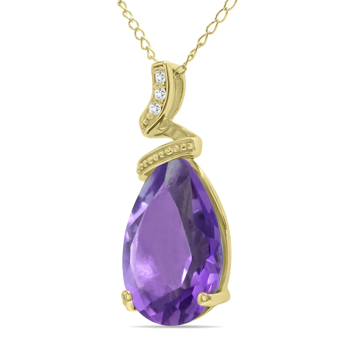 5 Carat Pear Shaped Amethyst & Diamond Pendant In 10K Yellow Gold