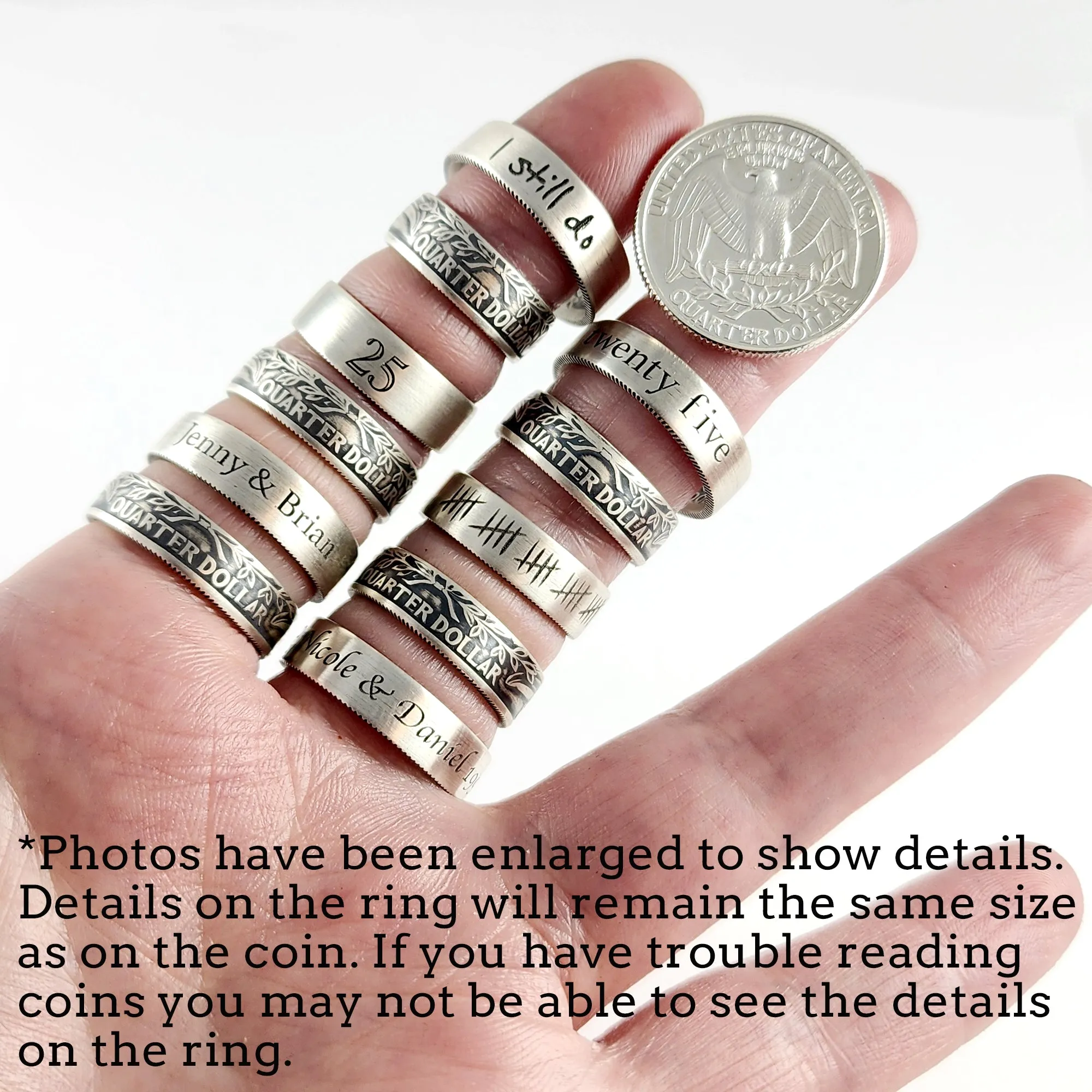 90% Silver Custom Engraved His & Hers Quarter Ring Set - 25th Anniversary Gift