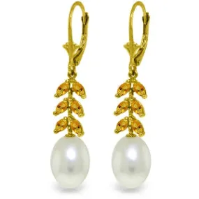 9.2 Carat 14K Solid Yellow Gold Fern Citrine Pearl Earrings