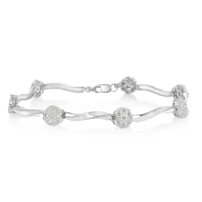 .925 Sterling Silver 1/4 Cttw Diamond Cluster Miracle-Set Station & Twisted Bar 7" Tennis Bracelet