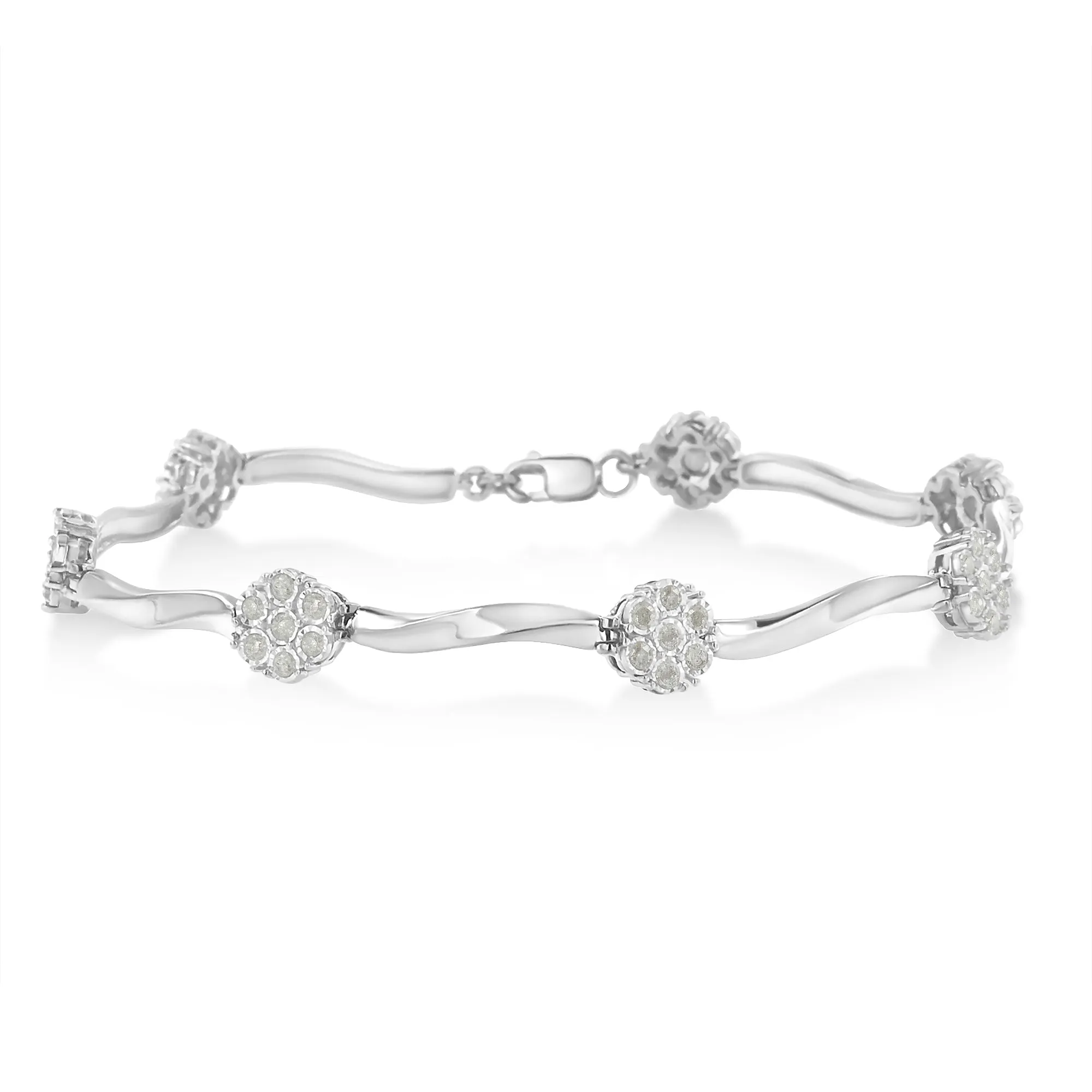 .925 Sterling Silver 1/4 Cttw Diamond Cluster Miracle-Set Station & Twisted Bar 7" Tennis Bracelet