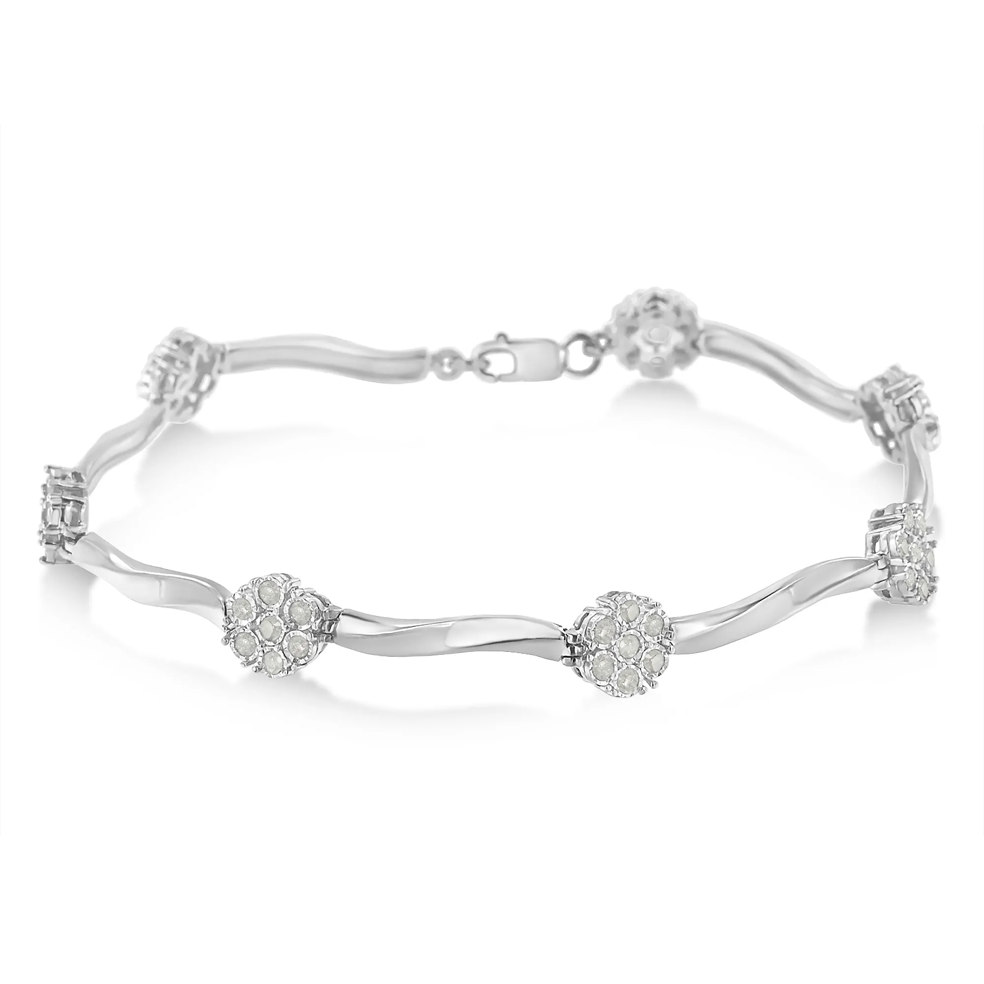 .925 Sterling Silver 1/4 Cttw Diamond Cluster Miracle-Set Station & Twisted Bar 7" Tennis Bracelet
