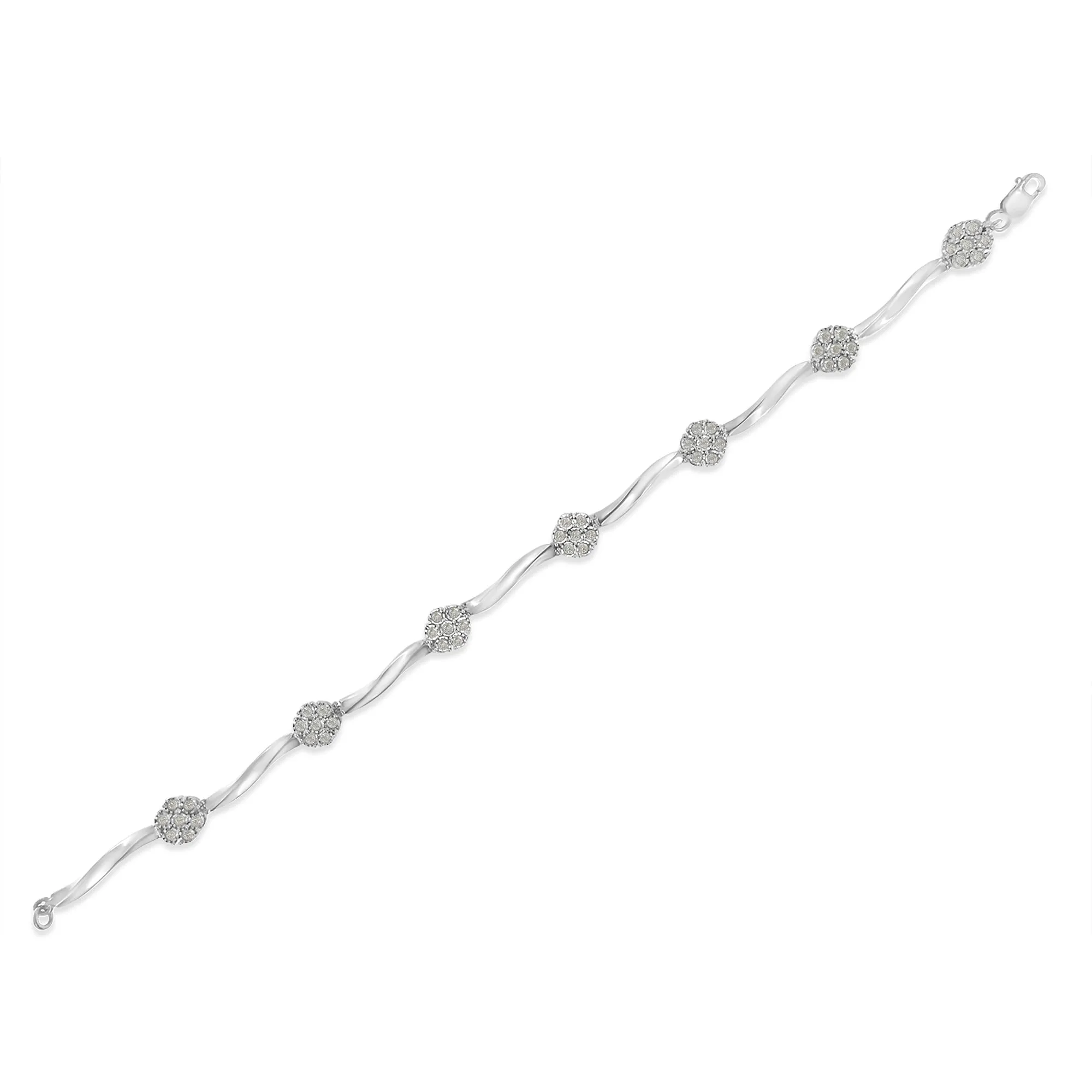 .925 Sterling Silver 1/4 Cttw Diamond Cluster Miracle-Set Station & Twisted Bar 7" Tennis Bracelet