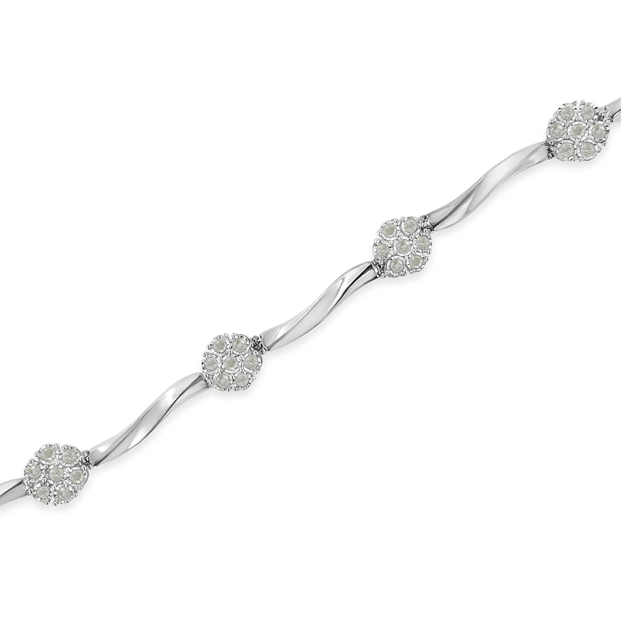 .925 Sterling Silver 1/4 Cttw Diamond Cluster Miracle-Set Station & Twisted Bar 7" Tennis Bracelet