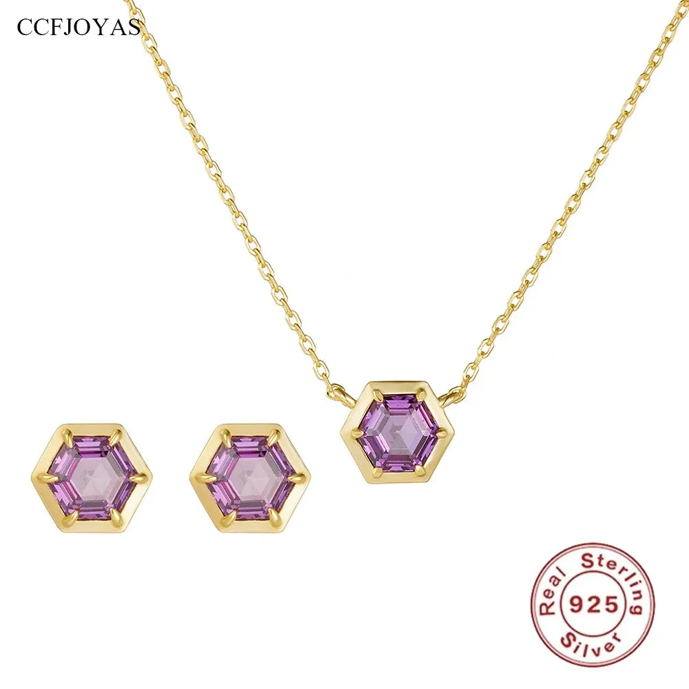 925 Sterling Silver Necklace and Earring Charm Jewelry Set - Hexagonal Zircon Pendant - CCF0024