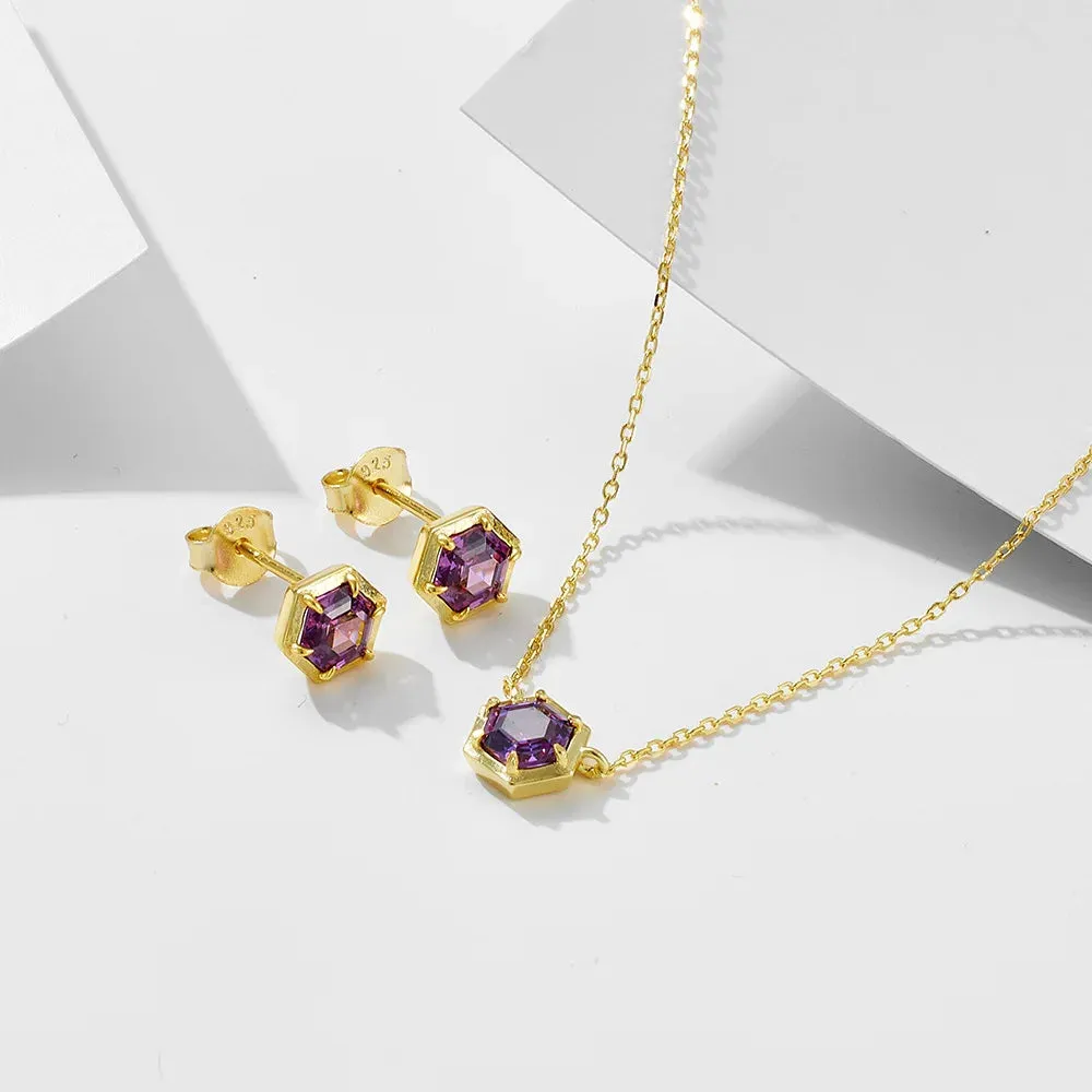 925 Sterling Silver Necklace and Earring Charm Jewelry Set - Hexagonal Zircon Pendant - CCF0024
