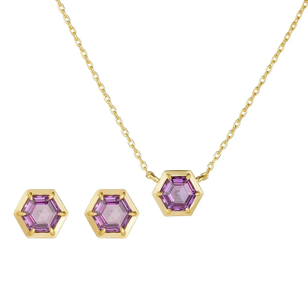 925 Sterling Silver Necklace and Earring Charm Jewelry Set - Hexagonal Zircon Pendant - CCF0024