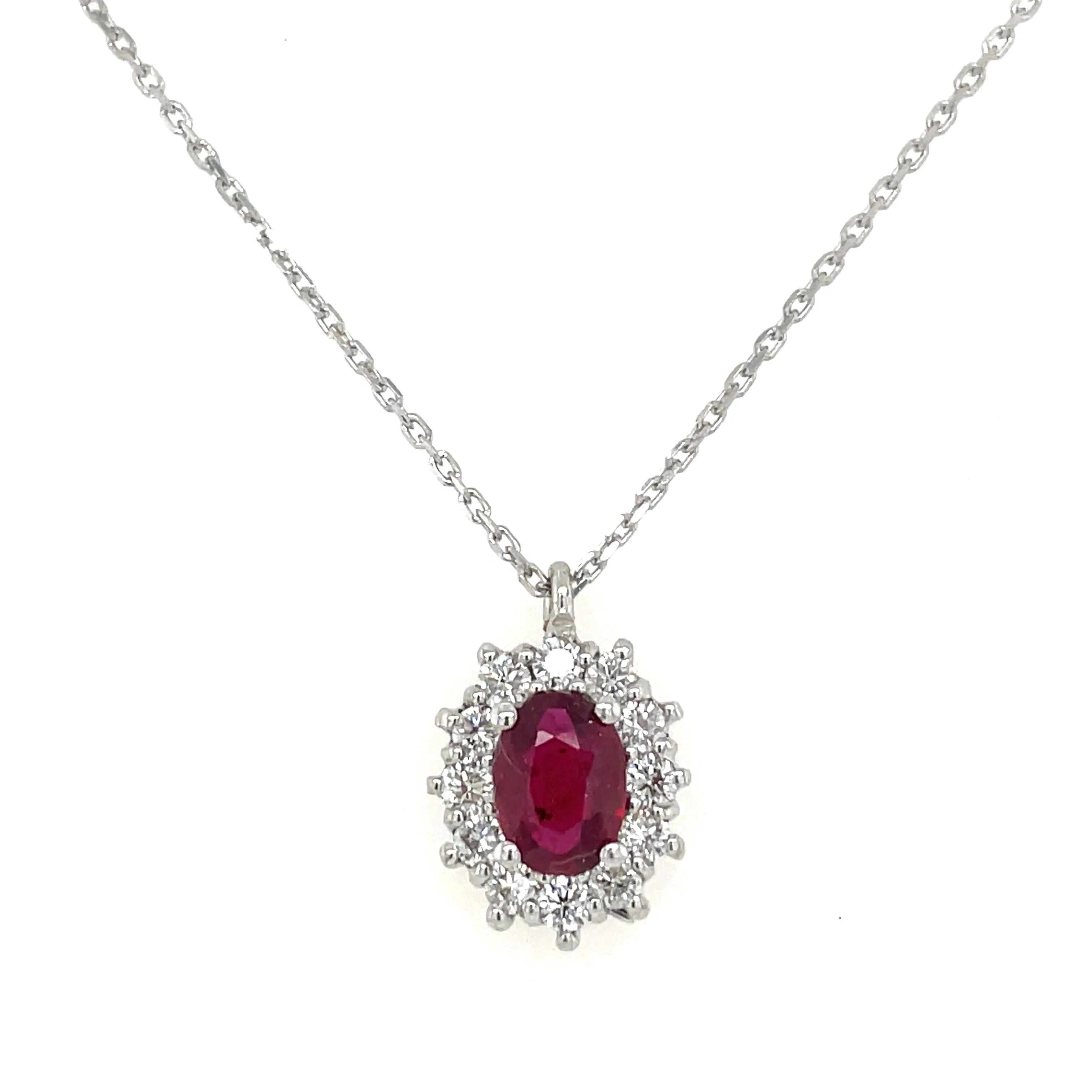 9ct White Gold Earth Grown Oval Ruby & Diamond Cluster Pendant