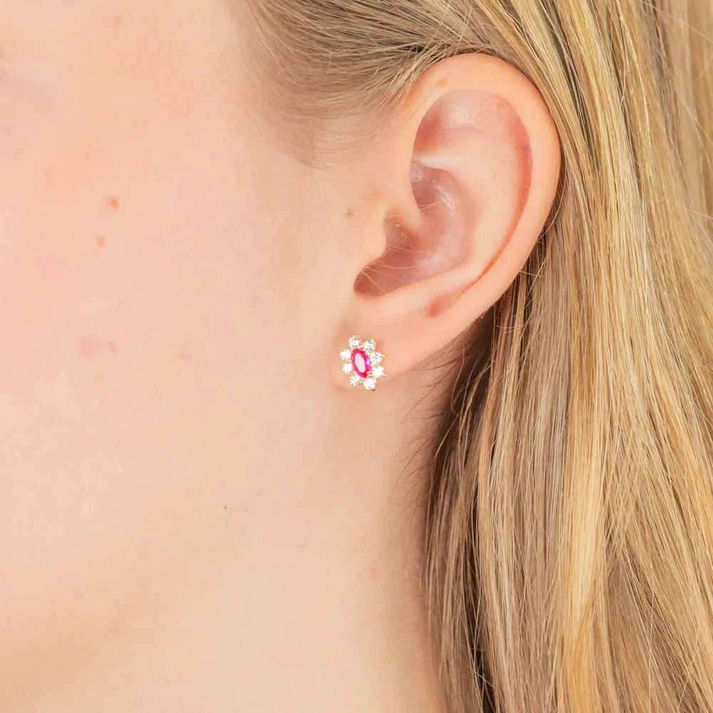 9ct Yellow Gold Red And White Cubic Zirconia Oval Stud Earrings