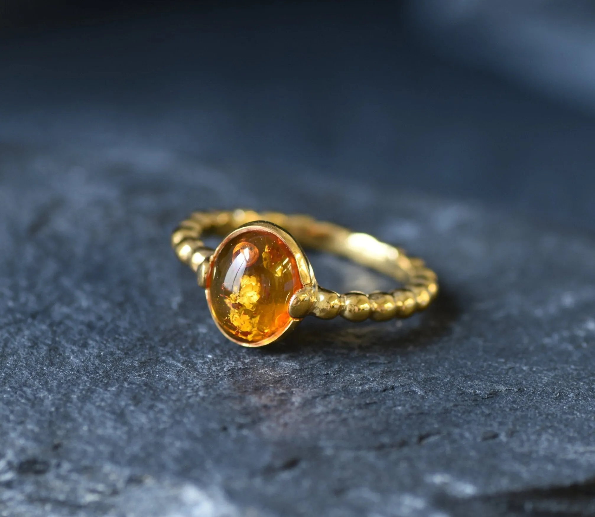 Amber Gold Ring - Vintage Amber Ring - Amber Solitaire Ring