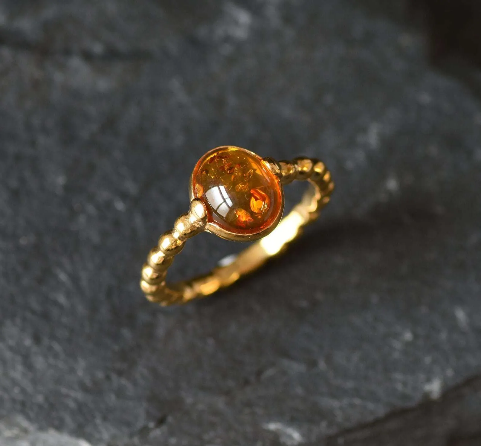 Amber Gold Ring - Vintage Amber Ring - Amber Solitaire Ring