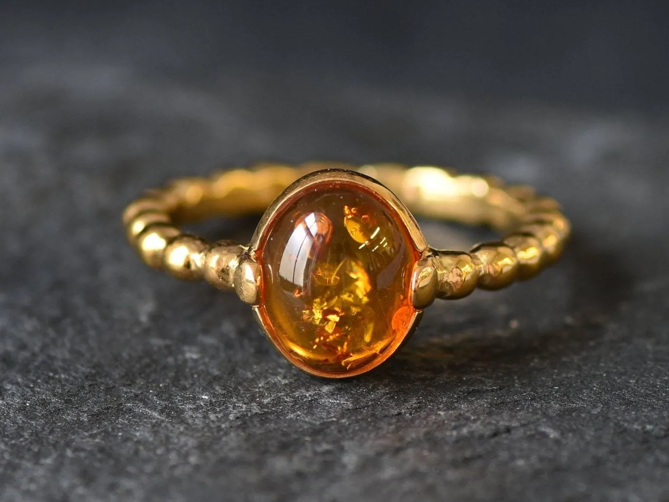 Amber Gold Ring - Vintage Amber Ring - Amber Solitaire Ring