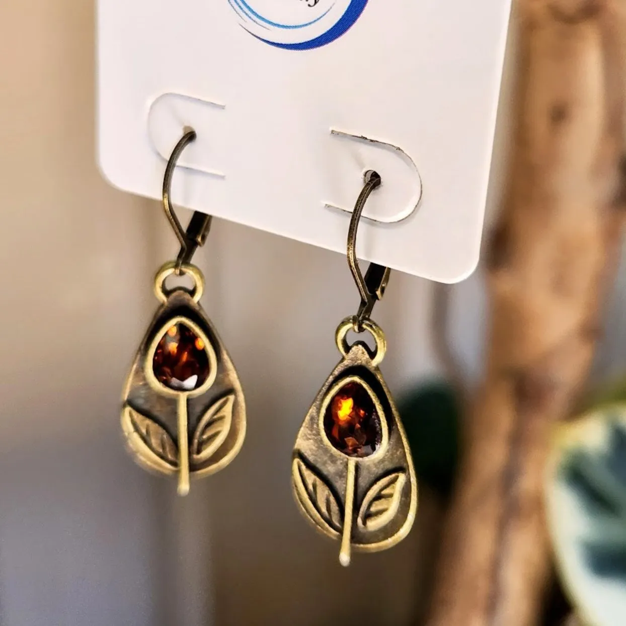 AMBER LEAVES  - COPPER CRYSTAL HANDMADE HOOK EARRINGS