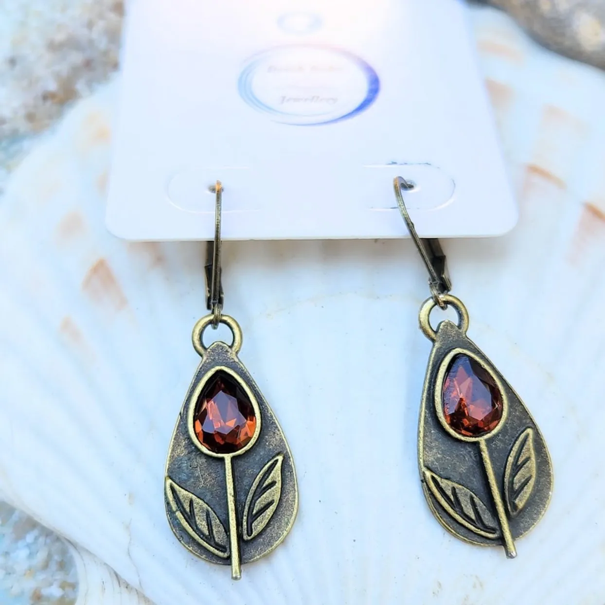 AMBER LEAVES  - COPPER CRYSTAL HANDMADE HOOK EARRINGS